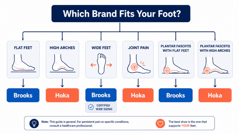 Decision guide infographic showing which brand to choose between Hoka and Brooks based on foot type, including flat feet, neutral arches, high arches, wide feet, and plantar fasciitis