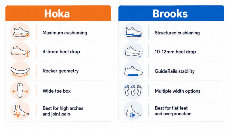 Comparison infographic showing the key differences between Hoka and Brooks walking shoes including cushioning style, heel drop, stability features, toe box width, and best foot type for each brand