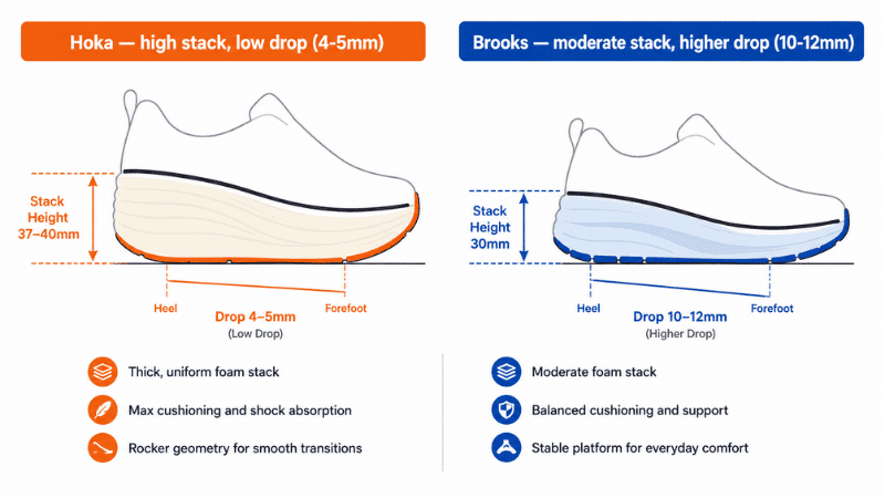 Cross-section diagram comparing the midsole stack height and heel drop angle of a Hoka shoe versus a Brooks shoe, showing the structural difference between the two brands