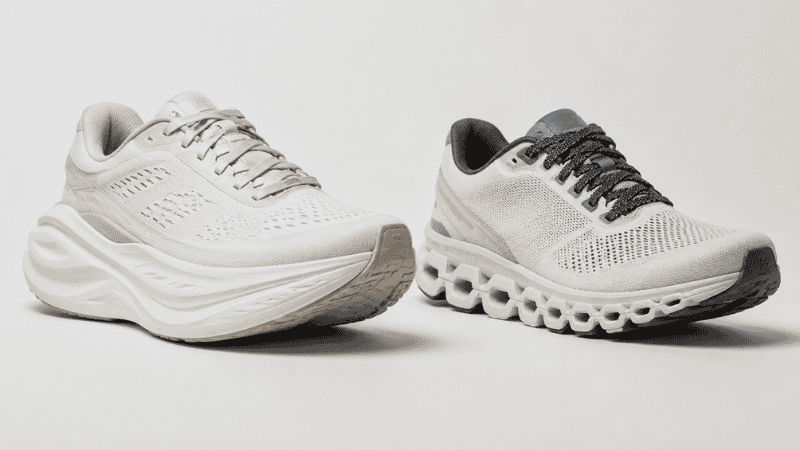 Side by side comparison of a Hoka running shoe with thick cushioned midsole and a sleek On Cloud shoe with CloudTec pod outsole, showing the fundamental design difference between the two brands