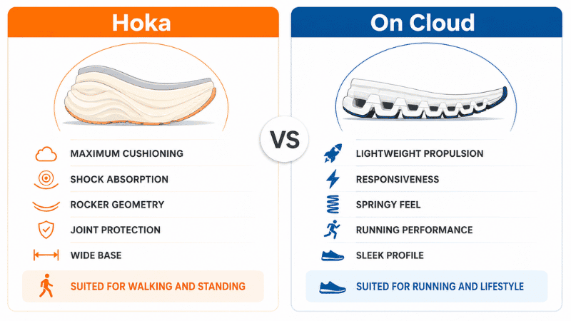 Infographic comparing the core design philosophy of Hoka and On Cloud shoes, showing Hoka's maximum cushioning and impact absorption approach versus On Cloud's lightweight propulsion and responsiveness approach
