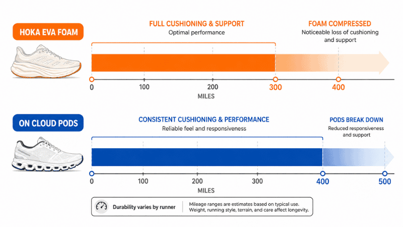 Timeline comparison showing how Hoka EVA foam cushioning degrades faster than On Cloud CloudTec pods over mileage, with Hoka losing meaningful cushioning at 300-400 miles and On Cloud at 400-500 miles