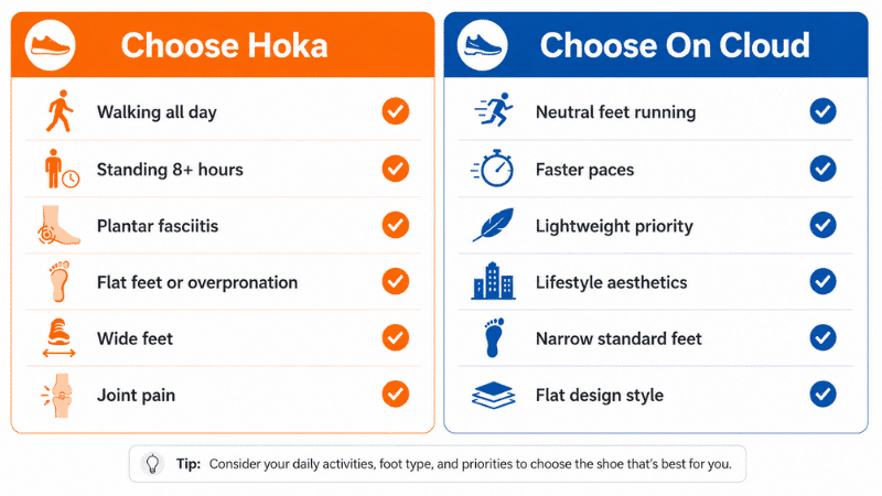 Decision guide infographic showing which brand to choose between Hoka and On Cloud based on use case including walking all day, running, standing shifts, wide feet, plantar fasciitis, and lifestyle wear