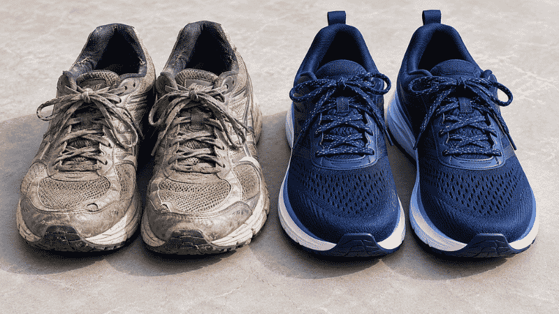 Worn running shoes with visibly compressed midsole and outsole wear placed next to a new pair of running shoes, showing the difference between a fresh shoe and one that needs replacing