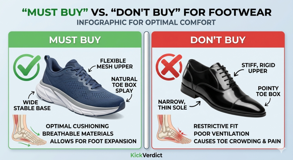 An infographic for KickVerdict showing the best shoe features for wide feet (wide base, mesh upper) vs. features to avoid (narrow sole, pointy stiff leather toe box).