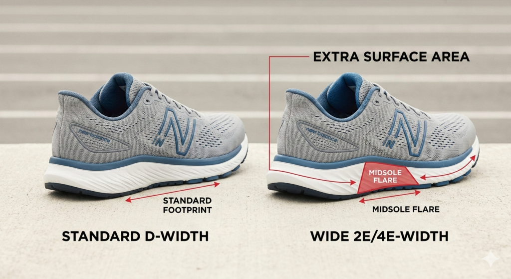 A technical diagram comparing a standard D-width shoe with a wide 2E/4E sneaker, highlighting the midsole flare and extra surface area for wide foot stability.