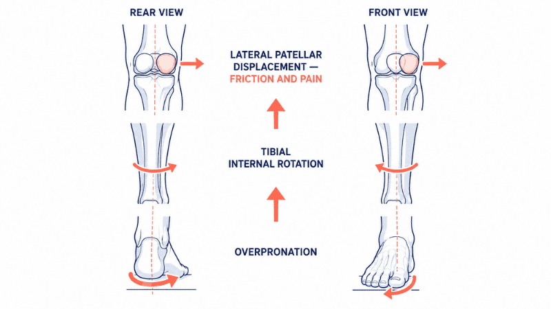 Diagram showing the kinetic chain from foot overpronation to knee pain, illustrating how excessive inward ankle roll causes internal tibial rotation and lateral patellar displacement