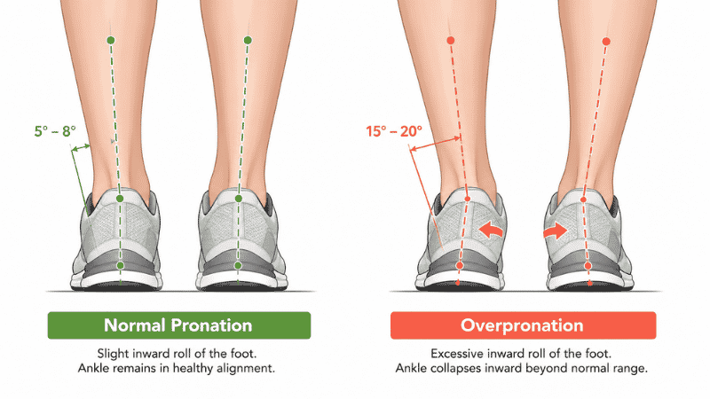 Rear-view diagram comparing normal pronation with correct ankle alignment versus overpronation showing excessive inward ankle roll during the running gait cycle