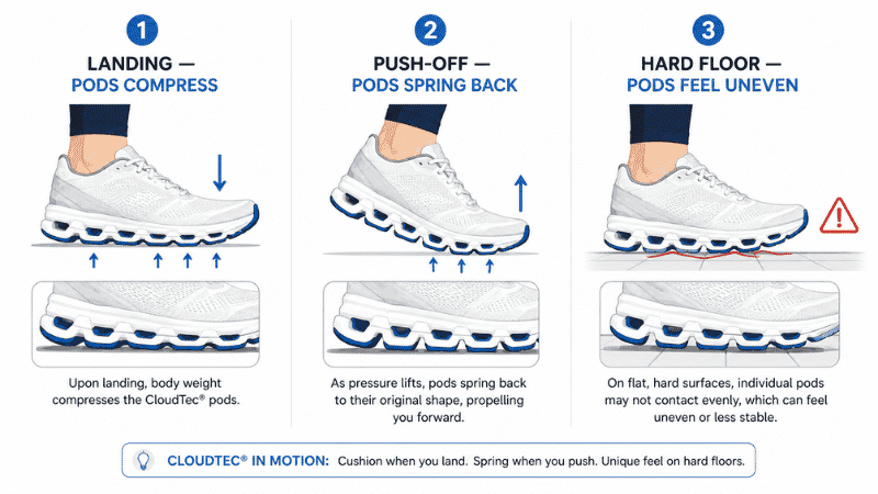 Diagram showing how On Cloud's CloudTec pods work during running, compressing on landing and springing back during push-off, compared to how they perform on hard flat surfaces