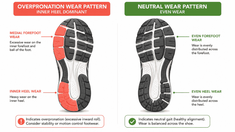 Bottom view of a running shoe outsole showing the characteristic inner heel wear pattern of overpronation, with the medial side of the heel showing significantly more wear than the lateral side