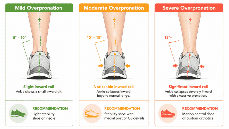 Three-level severity diagram showing mild, moderate, and severe overpronation with corresponding ankle collapse angles and recommended shoe correction level for each