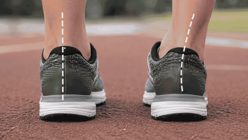 Rear view of a runner's feet showing the ankle rolling inward during overpronation, with one foot demonstrating normal alignment and the other showing excessive inward collapse