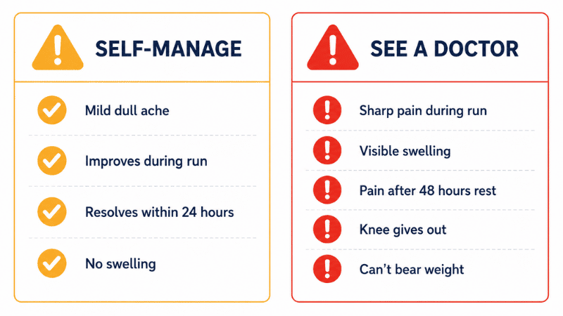 Warning signs infographic showing when knee pain after running requires medical attention versus when it can be self-managed with shoe changes and rest