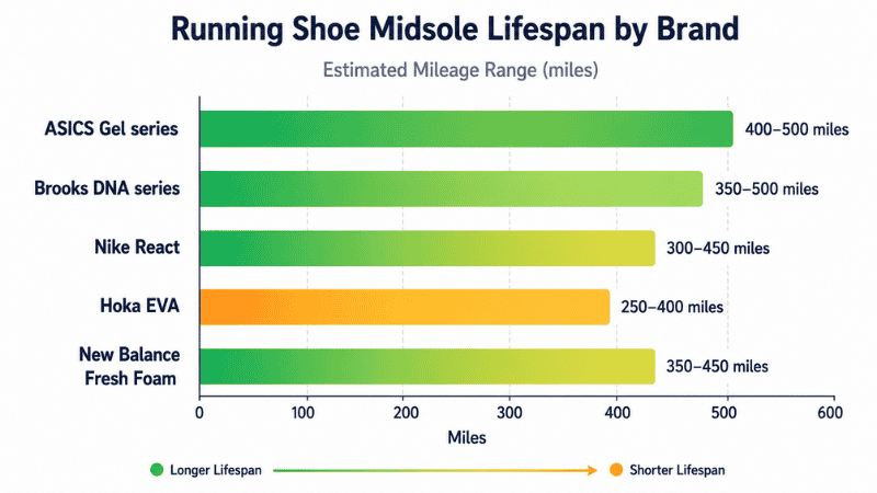 Bar chart comparison showing estimated running mileage lifespan for major shoe brands including Hoka, Brooks, ASICS, and Nike, showing which brands last longer before midsole degradation