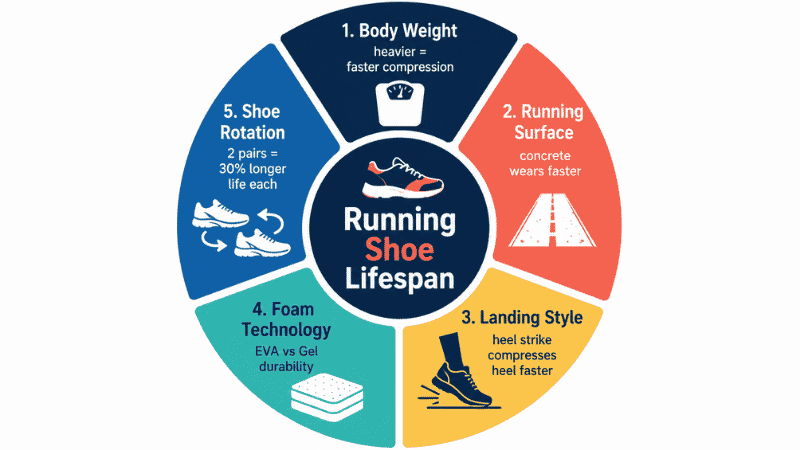 Infographic showing the five factors that determine how long running shoes last: body weight, running surface, landing style, foam technology, and shoe rotation habits