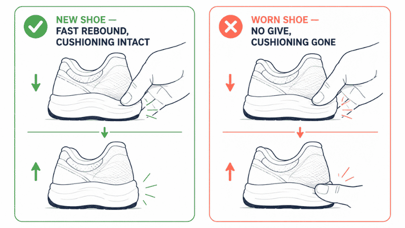 Illustration showing how to test running shoe midsole compression by pressing a thumb into the heel foam, comparing a new shoe with good rebound versus a worn shoe with no give