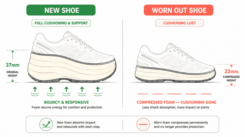 Cross-section diagram comparing a new running shoe midsole with full foam height and cushioning versus a worn-out midsole that has compressed to a fraction of its original thickness