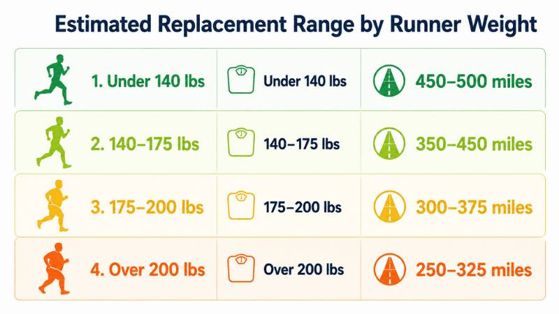 Quick reference chart showing estimated running shoe replacement mileage ranges based on runner body weight, from under 140 pounds to over 200 pounds