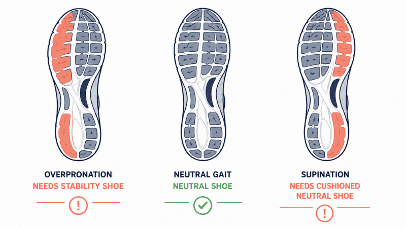 Bottom-view diagram of running shoe outsole wear patterns showing inner heel wear indicating overpronation, outer edge wear indicating supination, and even wear indicating neutral gait