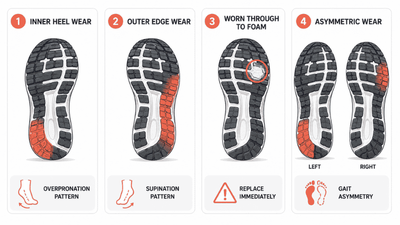 Bottom view diagram showing four outsole wear patterns that indicate when running shoes need replacing: inner heel wear from overpronation, outer edge wear from supination, wear through to midsole foam, and asymmetric wear between left and right shoes