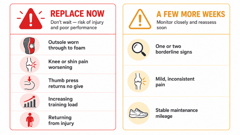Decision guide showing when running shoes need immediate replacement versus when replacement can wait a few weeks, based on severity of wear signs and current training phase