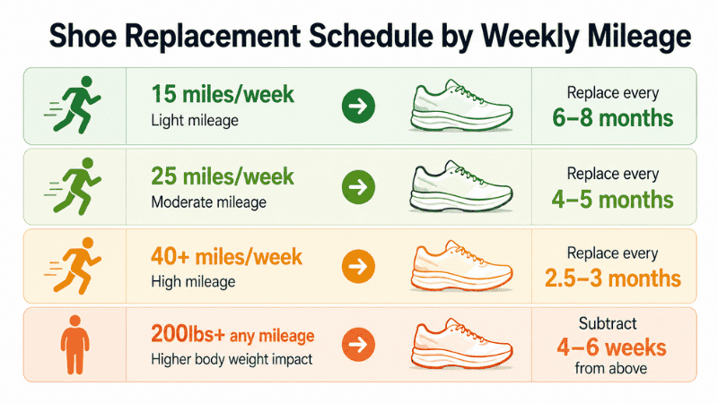 Quick reference chart showing recommended running shoe replacement schedule based on weekly mileage, from casual 15 miles per week to high-volume 40+ miles per week runners