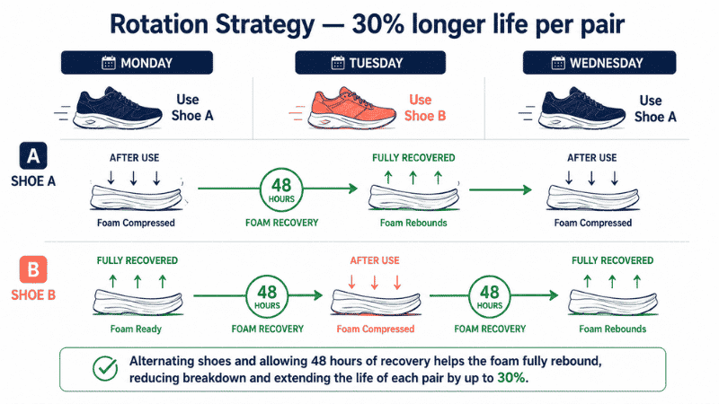 Diagram showing the shoe rotation strategy where alternating between two pairs of running shoes allows midsole foam to recover between runs, extending the lifespan of each pair by up to 30%