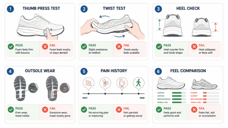 Six-step illustrated checklist for assessing whether running shoes need replacing, showing thumb press test, twist test, heel compression check, outsole wear inspection, pain history review, and feel comparison