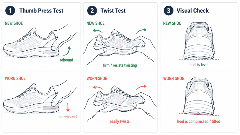 Three-step illustrated guide showing how to test if running shoes are worn out: thumb press test on midsole, sole twist test at midfoot, and visual heel compression check
