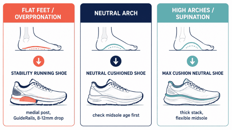 Infographic matching running shoe types to foot arch types for knee pain relief, showing stability shoes for flat feet, maximum cushion shoes for high arches, and neutral cushioned shoes for neutral arches