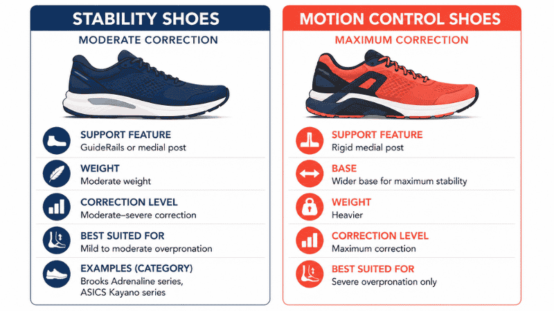 Side-by-side comparison infographic showing the differences between stability running shoes for moderate overpronation and motion control shoes for severe overpronation, including midsole structure, weight, and who each is designed for