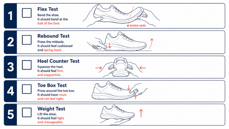 Illustrated checklist showing five quick tests to evaluate walking shoes before buying: flex test, rebound test, heel counter test, toe box test, and weight test