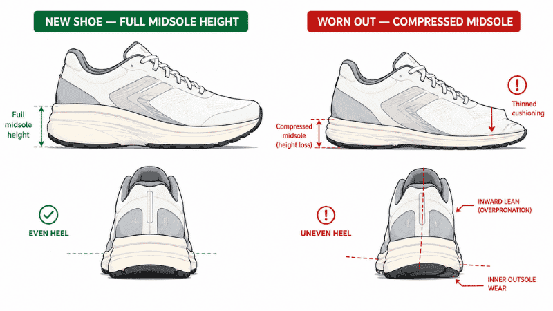Diagram showing how to assess walking shoe lifespan by examining midsole compression, outsole wear patterns, and the visual signs that indicate a shoe needs replacing