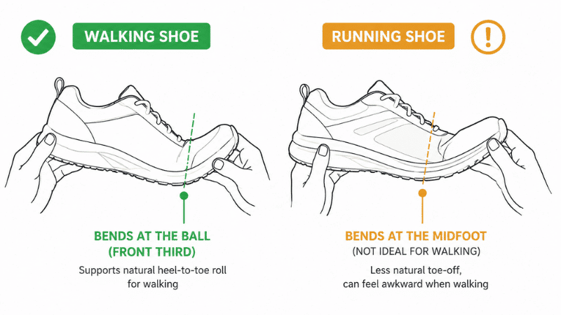 Diagram comparing the flex point location of a walking shoe versus a running shoe, showing how walking shoes flex at the ball of the foot while running shoes flex further back