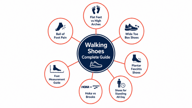 Visual content map showing the Walking Shoes guide as a central hub linking to seven related cluster articles covering specific topics including standing all day, foot type, wide feet, plantar fasciitis, brand comparison, and foot measurement