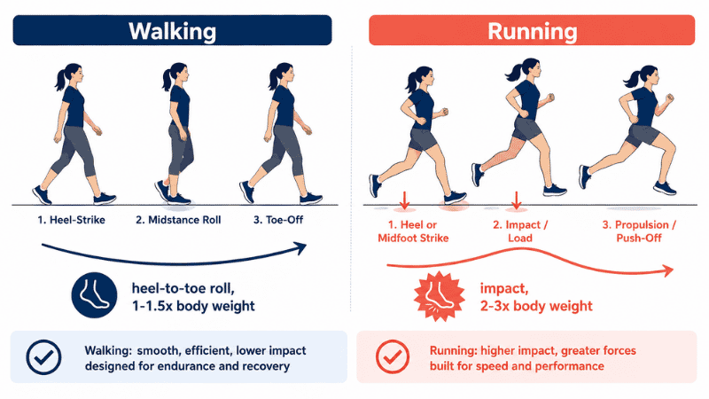Side-by-side diagram comparing walking and running foot mechanics, showing heel-to-toe rolling motion during walking versus midfoot strike and propulsion during running