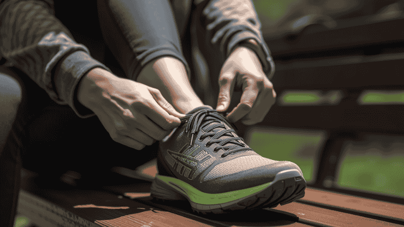 A woman is tightening the laces of her supportive walking shoes on a park bench; a close-up shot reveals the extra-thick heel cushioning specifically designed to alleviate plantar fasciitis.