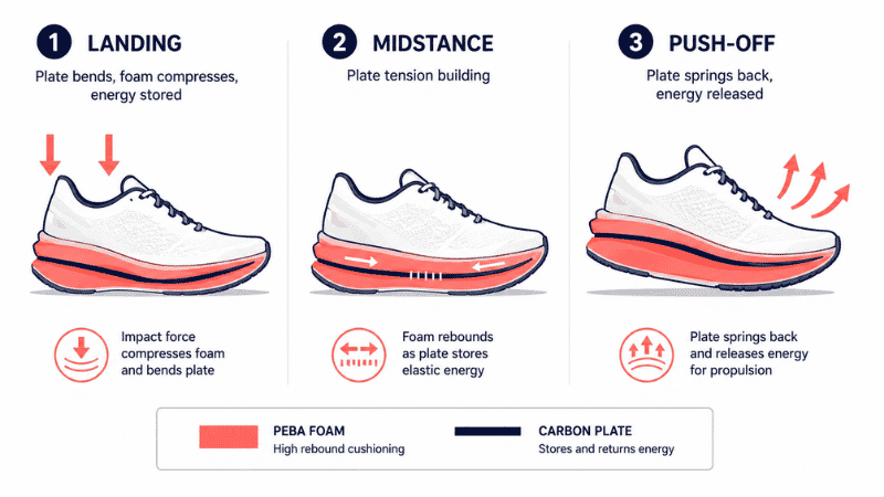 Diagram showing how a carbon fiber plate in a running shoe midsole works, storing energy during landing and releasing it during push-off to improve running economy