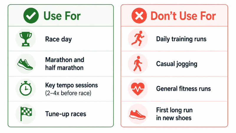 Infographic comparing the correct use cases for carbon plate running shoes versus incorrect use, showing race day and key sessions as appropriate versus daily training as inappropriate