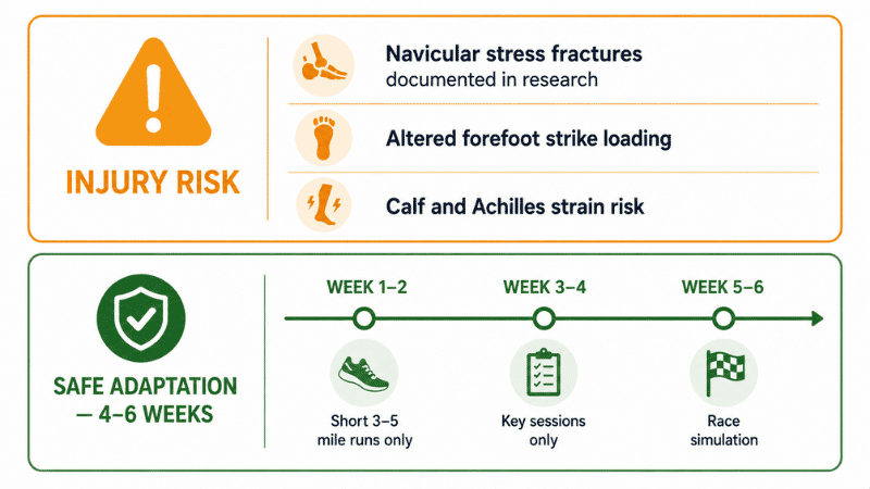 Warning infographic showing the injury risks associated with carbon plate running shoes including navicular stress fractures, and an adaptation protocol showing how to safely transition to super shoes over 4-6 weeks