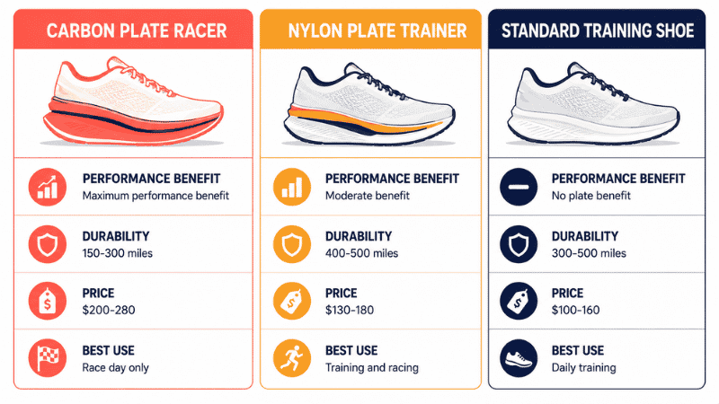 Three-column comparison table showing the differences between carbon plate racing shoes, nylon plate trainer shoes, and standard training shoes across performance benefit, durability, cost, and best use case