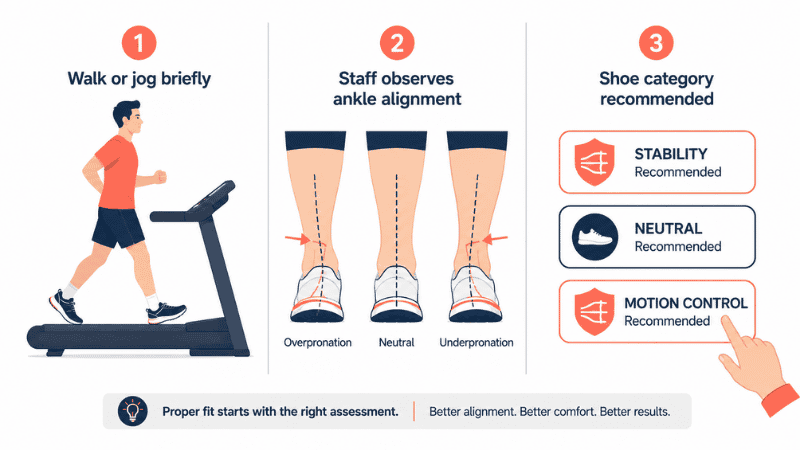 Step-by-step illustration of the in-store gait analysis process for running shoe selection, showing a runner on a treadmill being observed by a shoe specialist who assesses ankle and knee alignment