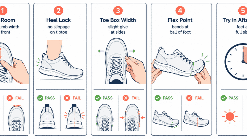 Five-step illustrated checklist for testing running shoe fit in store, including toe room check, heel lock, toe box width, flex point, and the afternoon timing rule