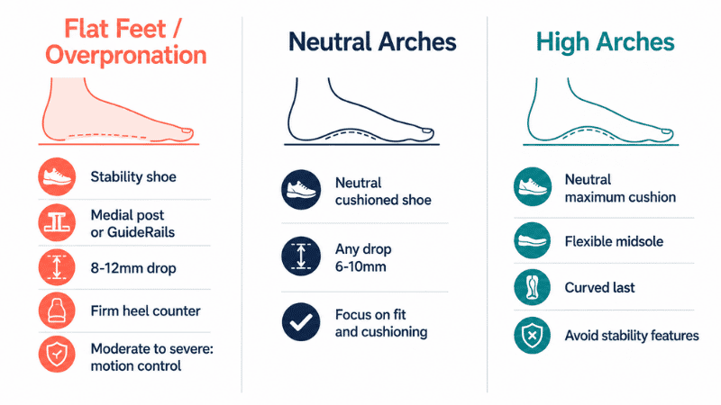 Quick reference chart matching running shoe recommendations to foot type, showing stability shoes for flat feet, neutral cushioned shoes for neutral arches, and maximum cushion neutral shoes for high arches with specific use cases
