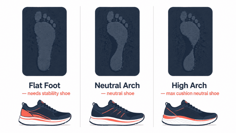 Three wet footprint results side by side showing flat foot with full imprint, neutral arch with moderate curve, and high arch with minimal midfoot contact, used to determine running shoe type