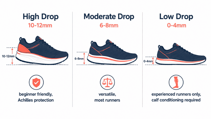 Side-view diagram explaining running shoe heel drop, comparing high drop 10-12mm traditional shoes, moderate drop 6-8mm shoes, and low drop 0-4mm minimalist shoes, showing how each affects foot position