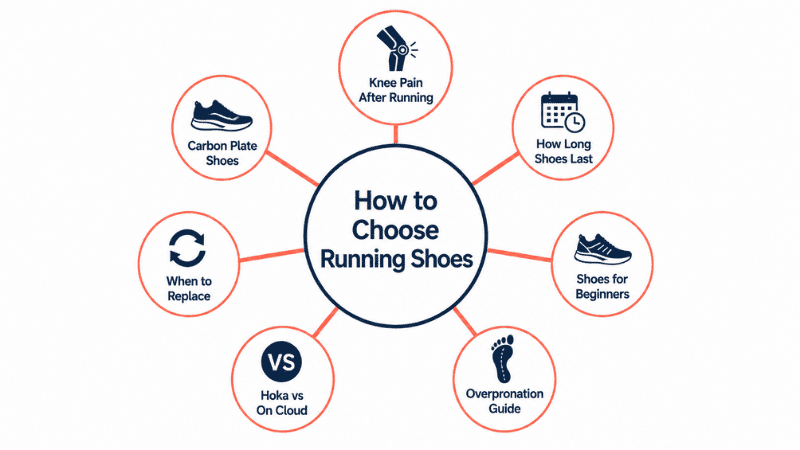 Content hub diagram showing the Running Shoes Complete Guide as a central resource linking to seven specialized cluster articles covering knee pain, shoe lifespan, beginners guide, overpronation, brand comparisons, replacement timing, and carbon plate shoes