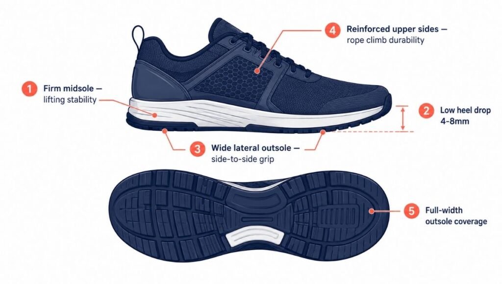 Anatomy diagram of a cross training shoe showing five key structural features: firm midsole, low heel drop, wide lateral outsole, reinforced upper sides, and rope climb zone protection