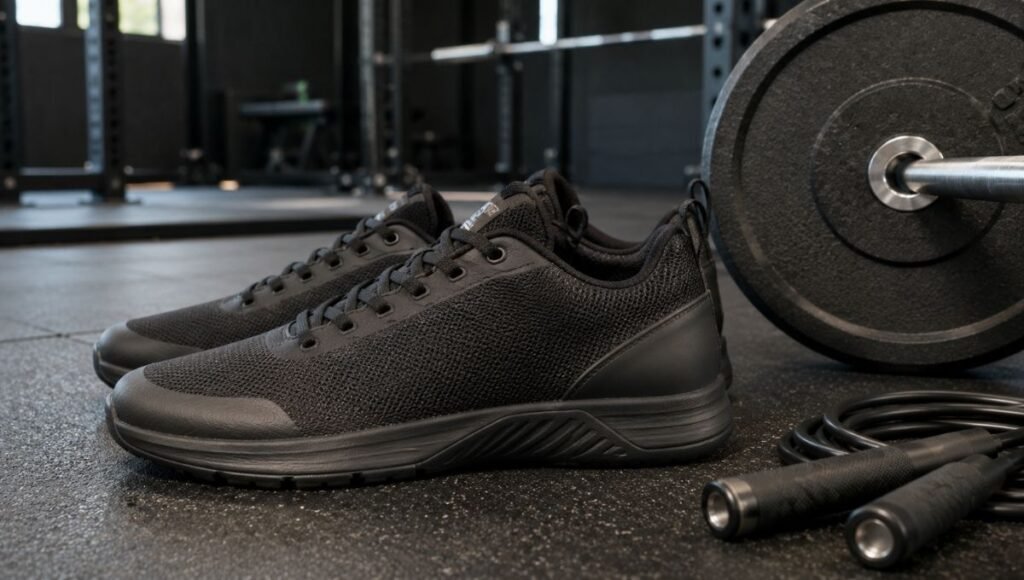 A pair of cross training shoes placed on a gym floor next to a barbell and jump rope, representing the versatility of cross training shoes for lifting, HIIT, and rope work