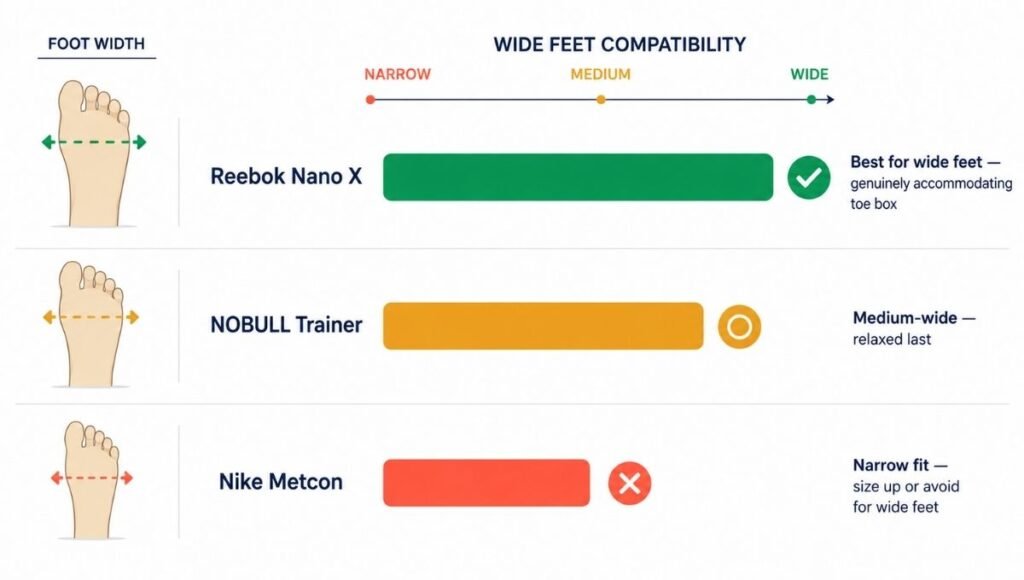 Fit guide comparing cross training shoe brands for wide feet, showing Reebok Nano as best for wide feet, NOBULL as medium-wide, and Nike Metcon as narrow fit